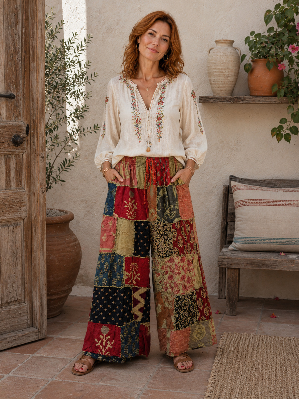 Boho Patchwork Wide leg pants OS